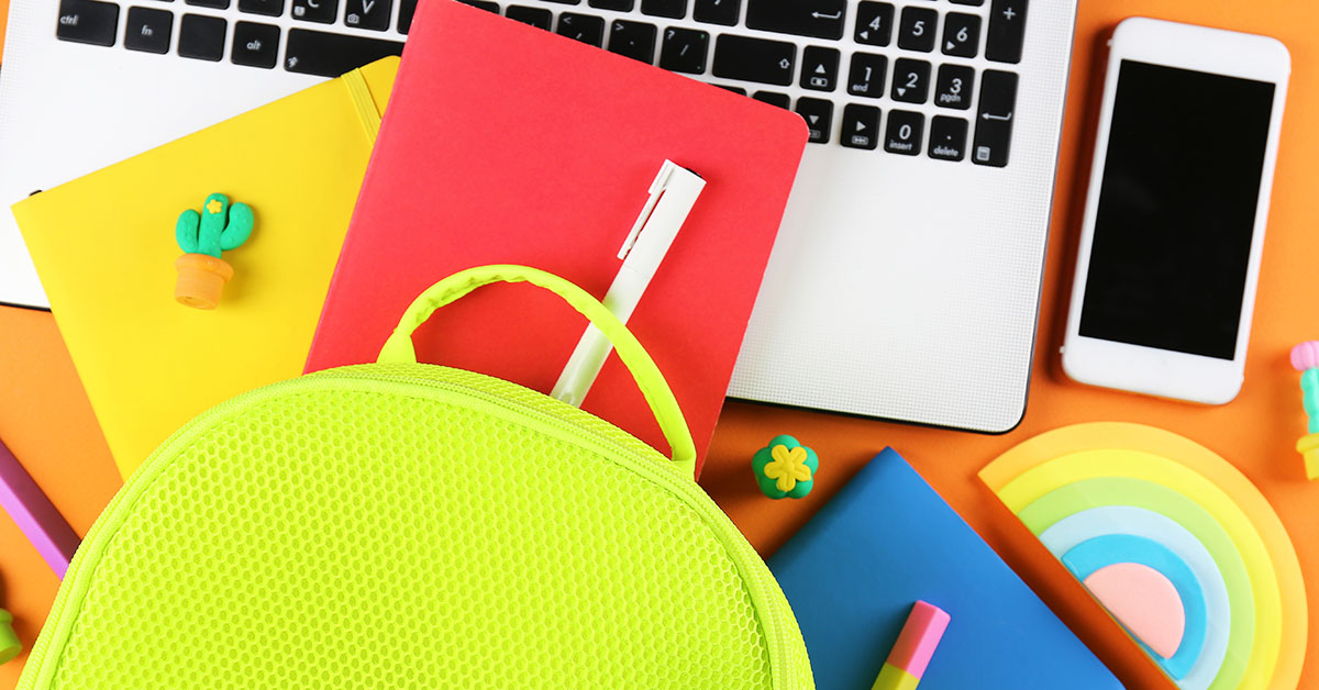 Hipster neon green textile backpack, surrounded with school supplies. Back to school concept. Lots of different stationery items on colorful background. Close up, copy space, flat lay, top view; Blog: Back to School Prep: 8 Things for Your Checklist