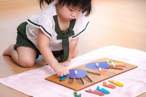 preschool little girl (2-3 years) in Montessori classroom engaged sensory wooden puzzle activity. 10 fingers, Fine motor skills, Montessori method, Child development, Early education